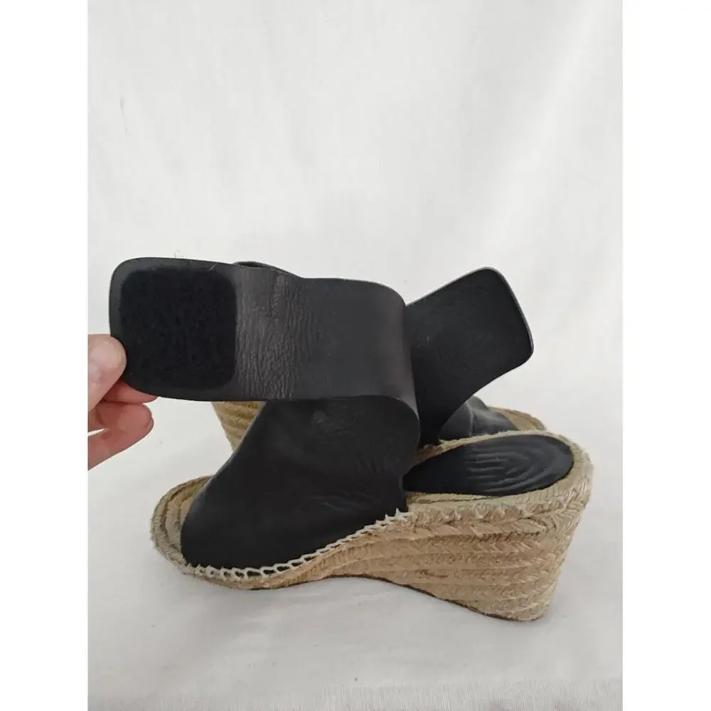 Celine Phoebe Philo Wedge Black Leather Espadrille‎ Sandals EU 38 7.5 *Flaw